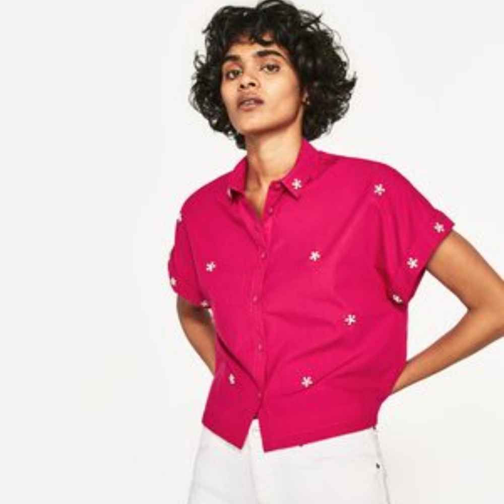 Zara pink short-sleeved beaded button up shirt